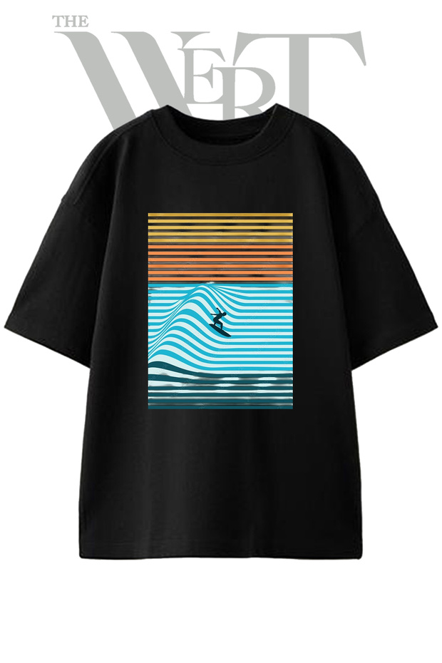 Op Art Surfer Design Printed Unisex Black Oversize T-Shirt