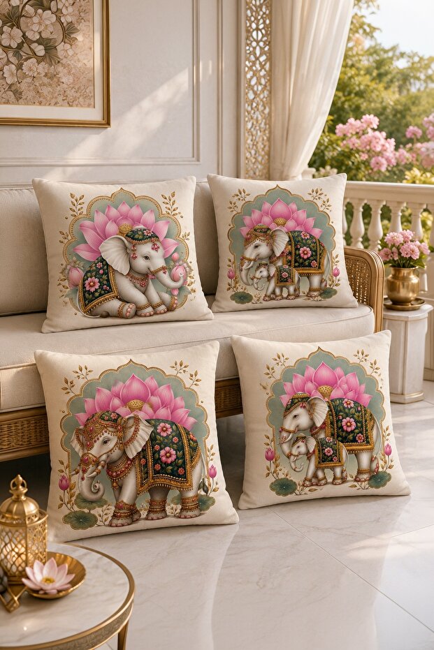 Pink Lotus Elephant Patterned 4-Piece Throw Pillow Cover Set