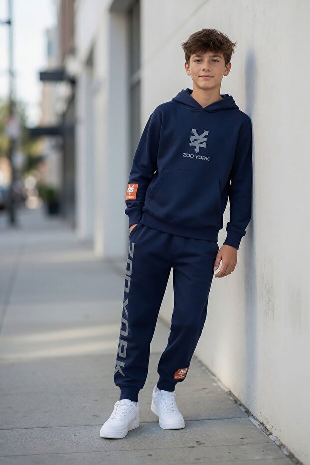 Navy Blue Zoo York Printed Boys' Hooded Tracksuit Set 24604