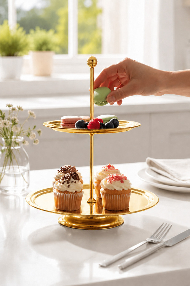 2-Tier Gold Steel Decorative Presentation Stand for Cookies, Cakes, and Snacks