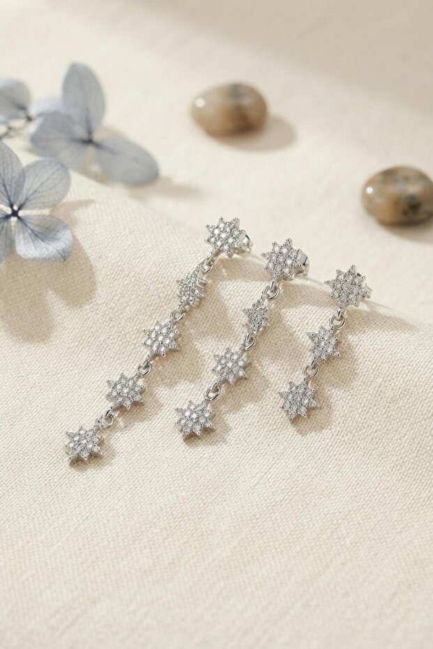 Set of 3 Earrings in Silver Color with Pole Star Detail