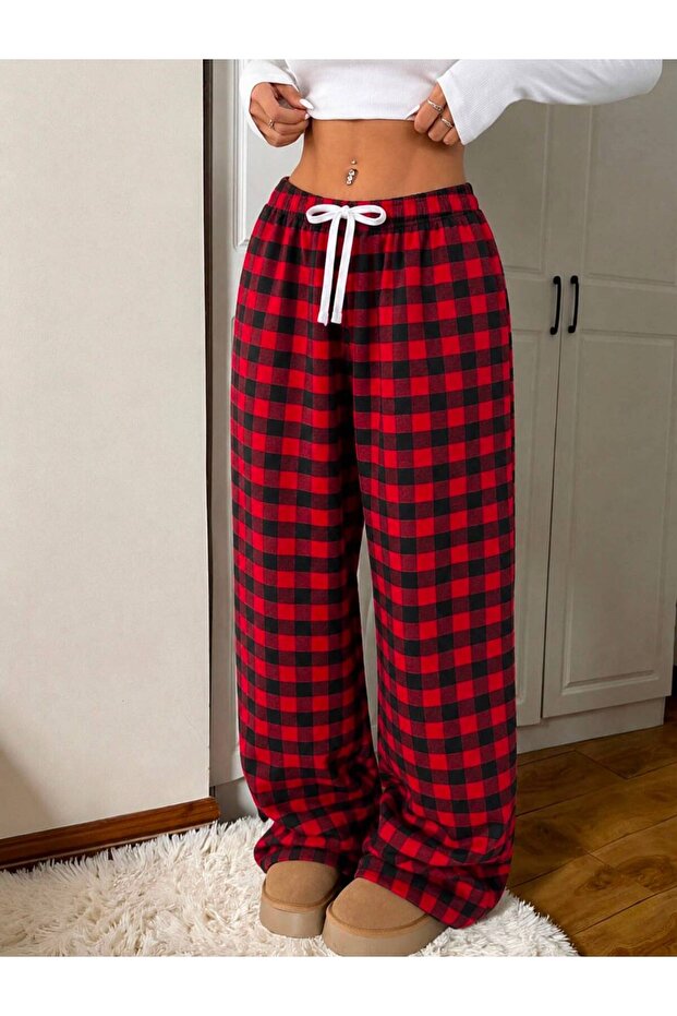 Plaid Patterned Lace-Up Relaxed Fit Wide-Leg Sweatpants / Pajama Bottoms