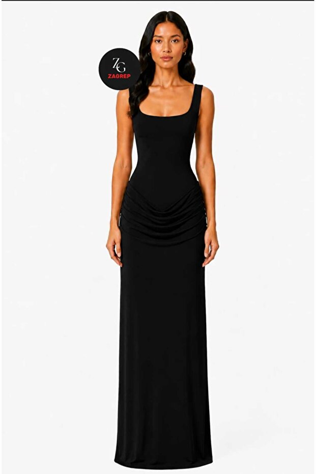 Women's Black Draped No-Show Imported Sandy Maxi Dress