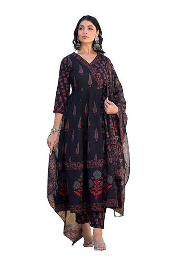 Black Cotton Viscose Salwar Kameez & Dupatta Set - ALV2091 | Black-Size:L-40-Inches
