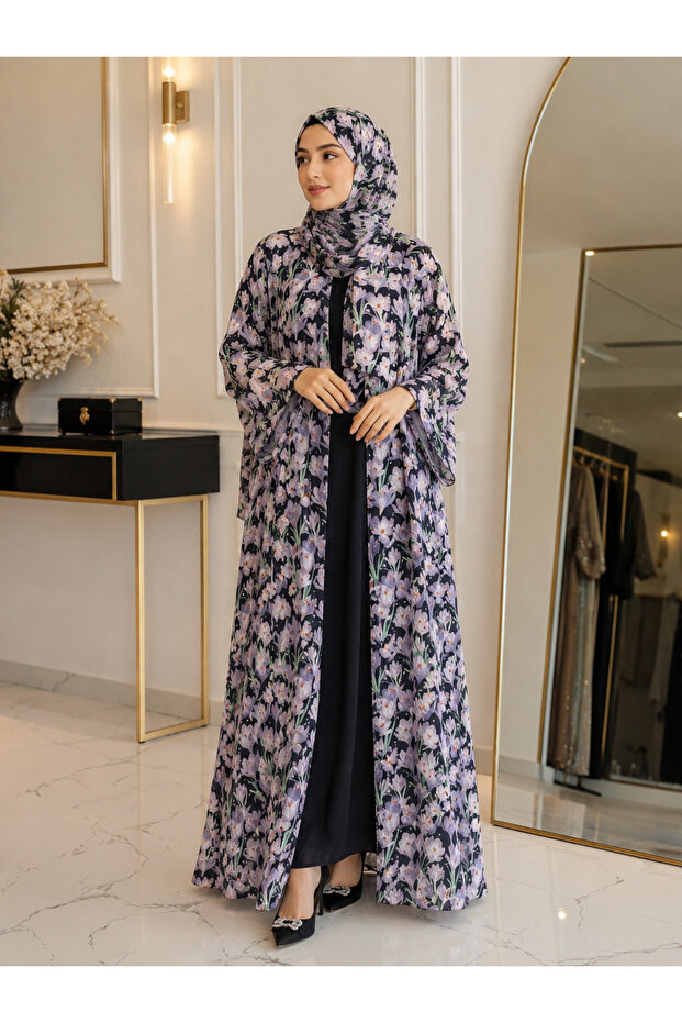 Purple floral printed double layer chiffon Abaya&Hijab