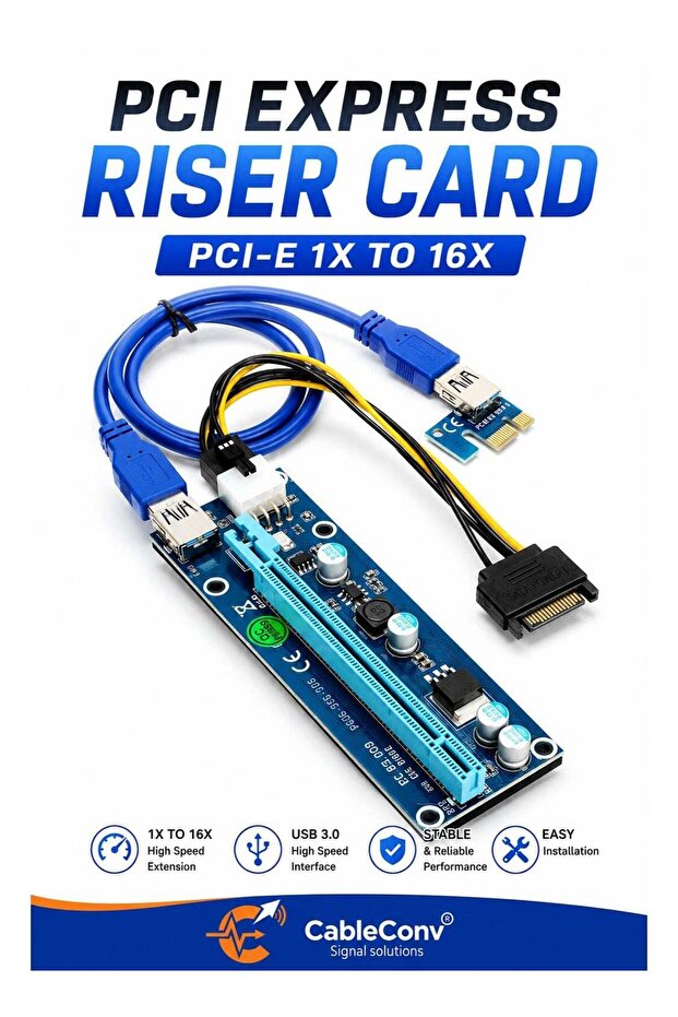 PCIe Express Riser Card PCI-E 1X to 16X Adapter with USB 3.0 Cable & SATA Power | High-Speed GPU Extension for Bitcoin Mining, Mining Rigs & Desktop PCs
