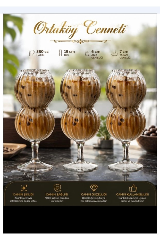 Cold Coffee Glass with Glass Base Bombeli 3-Piece 380 Cc Volume 19 cm Length 6 cm Mouth Fantastic Product Line Model
