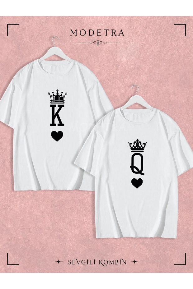 Women's Men's K&Q Playing Cards Medium Front Printed Lover Couple Combination Oversize Tshirt 2-Piece Set