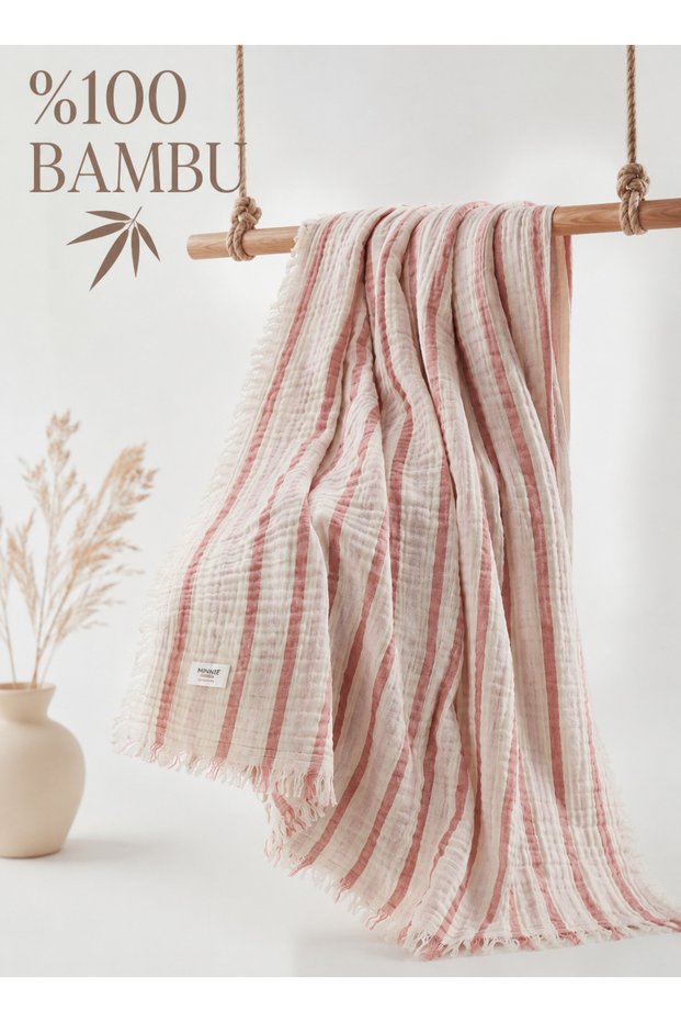 100% Bamboo Muslin Baby Blanket with Blue Stripes – Double Layer Breathable Soft Multi-Purpose Blanket 85X95 cm