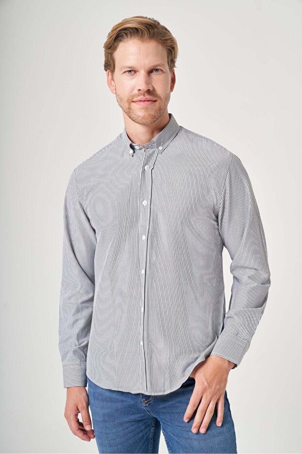 Gray Buttoned Collar Long Sleeve Pocketless Slim Fit Cotton Shirt 1004260205