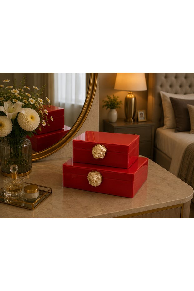 Coral Stone Inside Velvet Lacquered Painted Outside Glass Double Set Decorative Box Jewelry Chest Makeup Box 24X10 - 19X8 cm