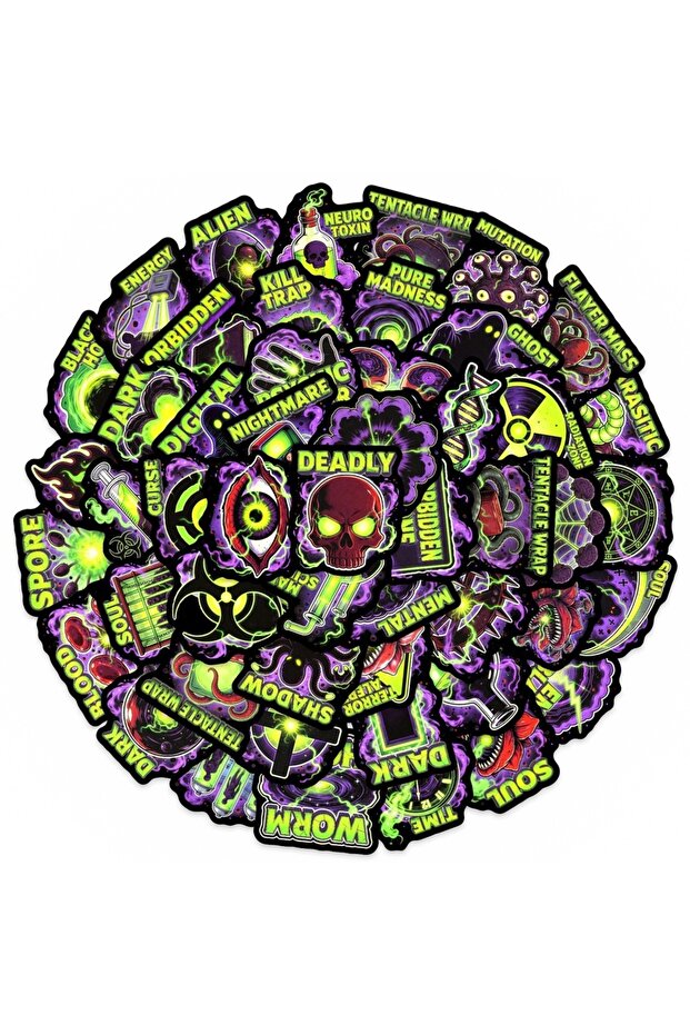 50pcs 50 Pcs Purple Green Fluorescent Sci-Fi Demon Theme Stickers, Student Scrapbook Decorate Phone