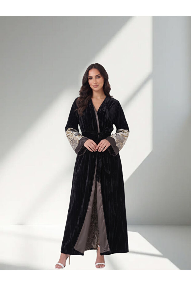 Women's Crushed Velvet Belted Abaya - Jacquard Floral Panel & Satin Trim Kimono