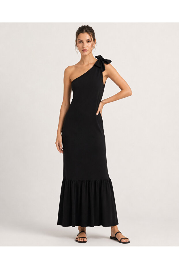 Women's Black Shoulder Bow Camisole Midi Dress