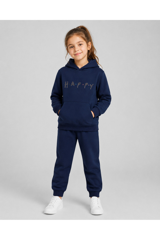 Hooded Happy Text Printed 2-Thread Seasonal Unisex Children's Tracksuit Set with Kangaroo Pocket