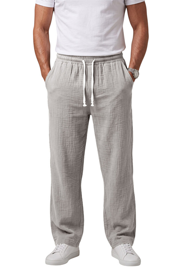 Gray 97% Cotton Muslin Fabric Comfortable Fit Breathable Summer Men's Trousers 2600260