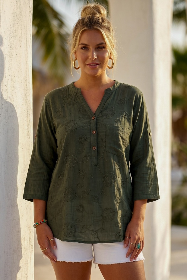 Khaki Hakim Collar 3/4 Sleeve Buttoned Embroidered Casual Muslin Woven Blouse 68 55