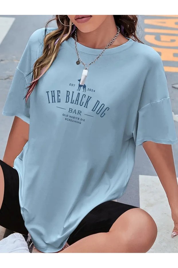 Women's Baby Blue the Black Dog Printed Oversize T-Shirt
