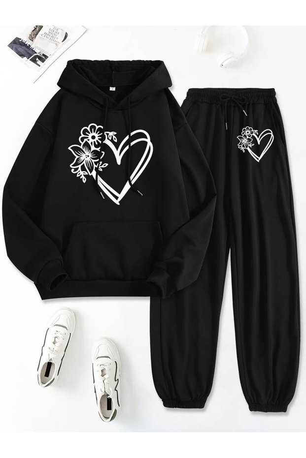 Women's Black Floral Heart Printed Hooded 3 Thread Sweat Jogger Set