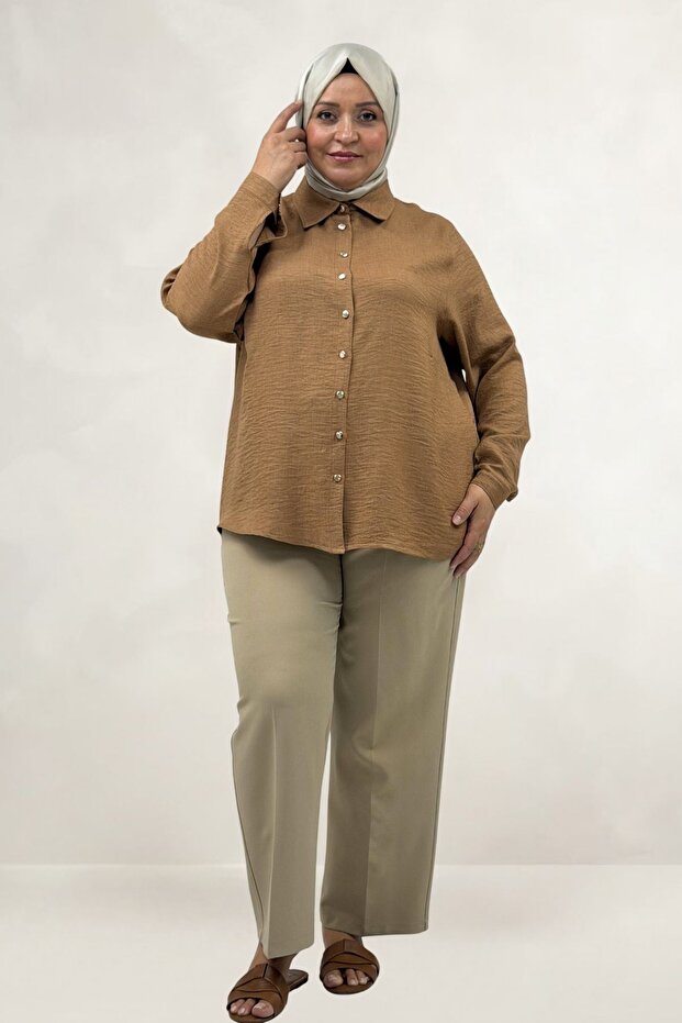 68075 Large Size Men's Collared Short Shirt - Tan