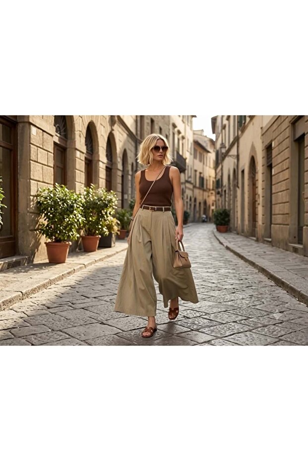 - Wide Leg Pants with Pile Detail and Belt - New Season