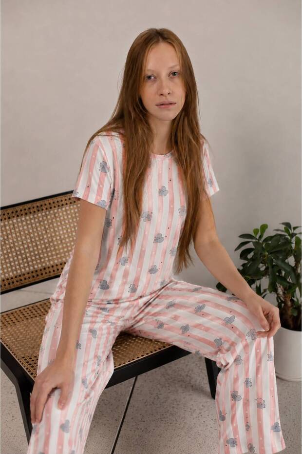 Women's 100% Cotton Sunny Mood Patterned Relax Fit Short Sleeve Loose Pajama Set