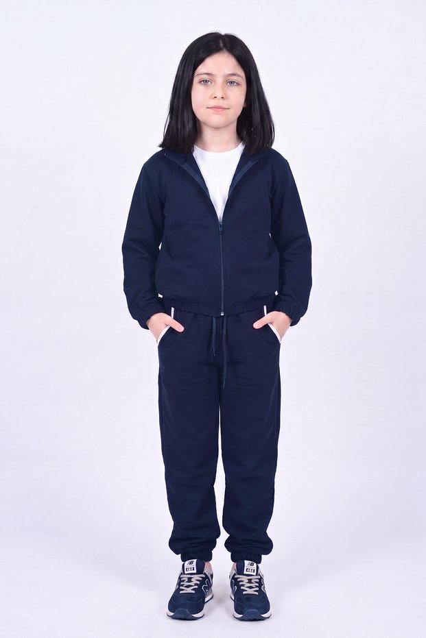 Girl's High Collar Zippered Waist Tie Elastic Leg Sweatpants Set