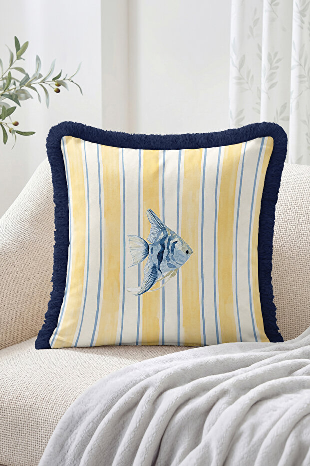 Angelfish Figured Vertical Striped Marine Themed Fringed Throw Pillow Cover - Decorative Pillowcase