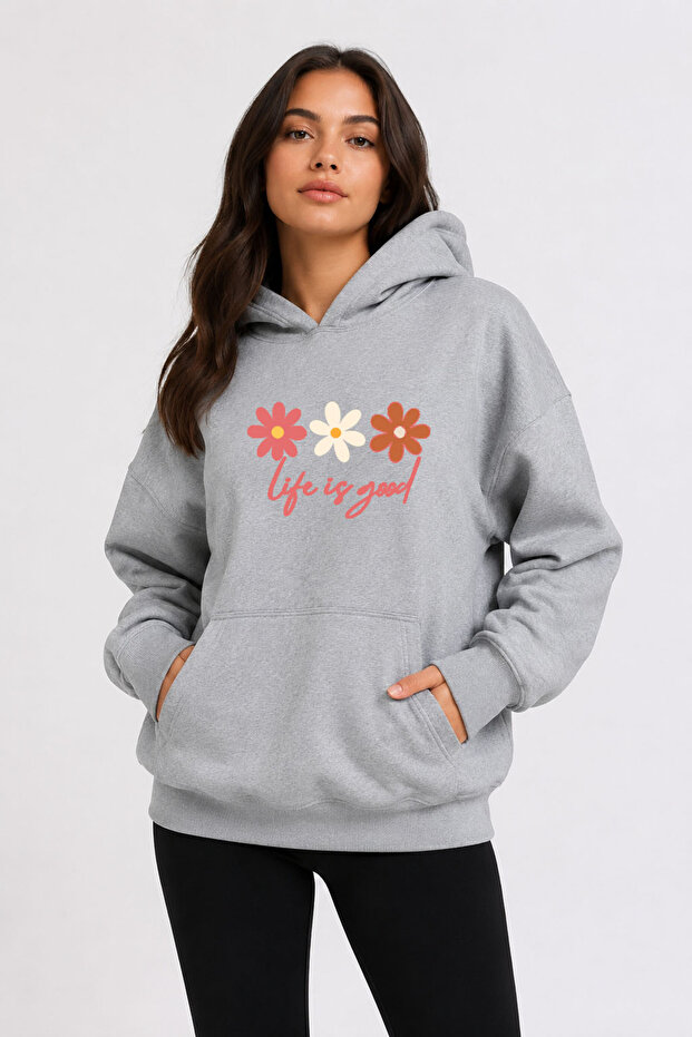Floral Printed Hooded 2 Thread Threaded Sweatshirt