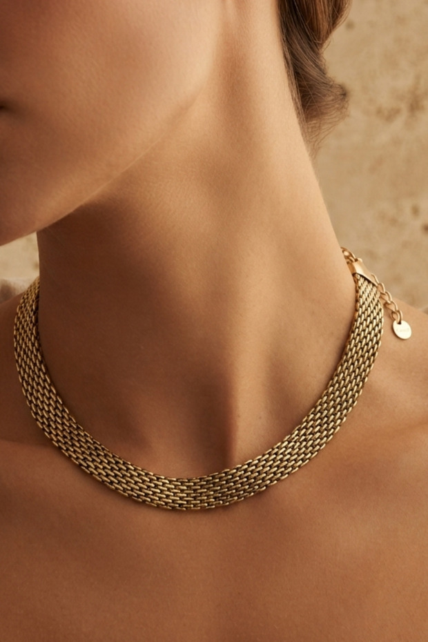 Steel Italian Mia Wicker Necklace 10 mm Gold Color | Anti-Tarnish 40cm +5Cm, Women'S, 2-Year Warranty