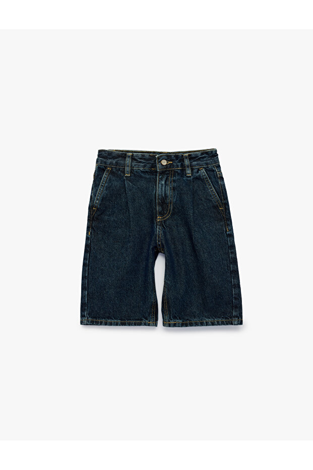 Pile Detailed Loose Fit Cotton Denim Shorts
