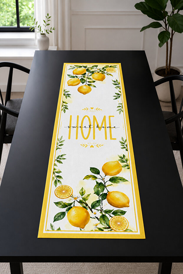 Mediterranean Runner Tablecloth with Yellow Lemon and Home Sweet Home Writing 40X140 cm