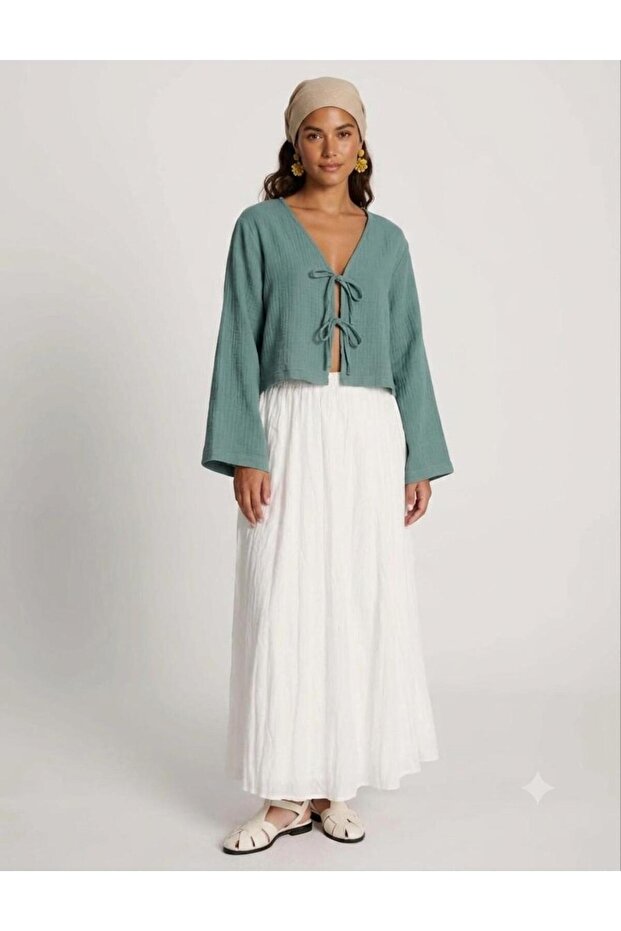 Women's White Poplin Fabric Crinkled Long Lined Skirt 29062