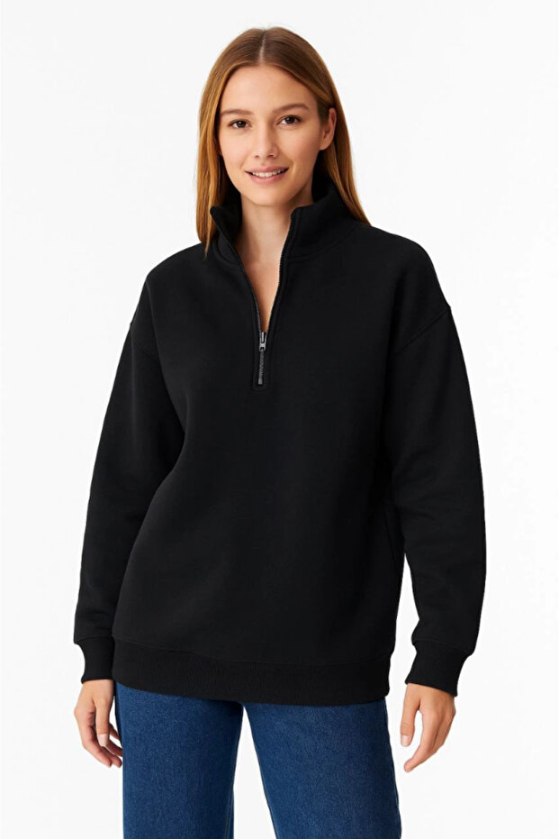Three-thread ribbed crew neck half-zip sweatshirt - black