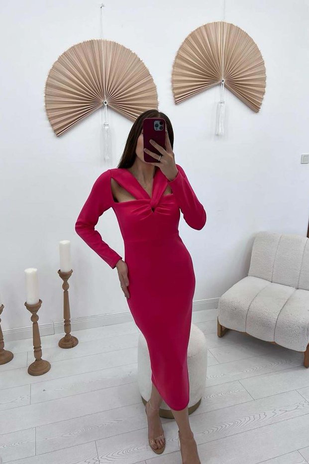 Women's Fuchsia Midi Pencil Dress with Chest Draping Detail, Cut-Out V-Neck, Long Sleeves