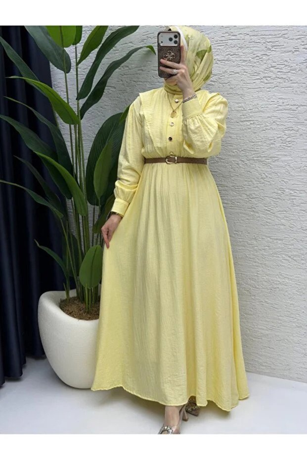 Women's Hijab Yellow Strawberry Fabric Gofre Woven Belted Dress