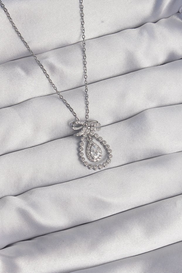 316L Steel Silver Color Bow Detailed Zircon Stone Drop Model Necklace