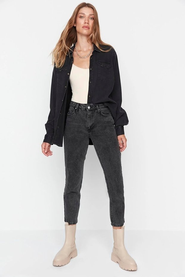 Lycra High Waist Smoked Snow Washed Mom Jeans