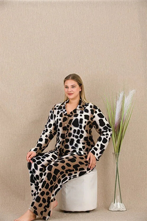 Plus size black speckled button-down long sleeve viscose pajama set