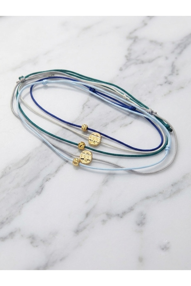 5-Piece Ecru Gray Green Light Blue Navy Blue Drawstring Dorika and Ezme Dorika Beaded Adjustable Anklet Set
