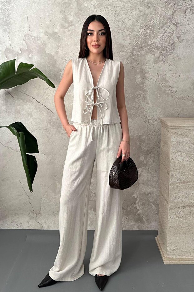 Women's Beige V-Neck Bow Front Sleeveless Wide Leg Cotton Blouse Pants Set
