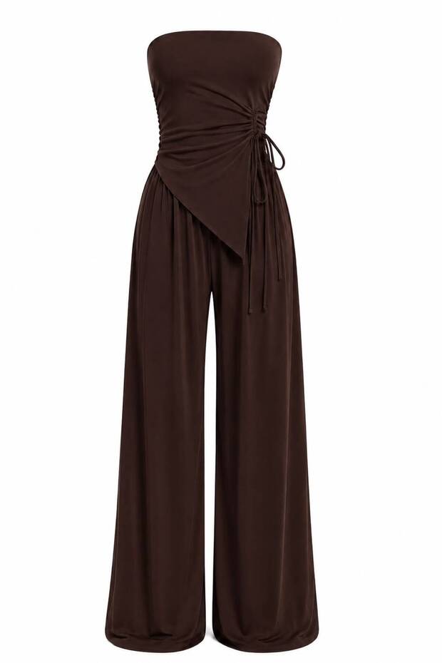Women's Coffee Color Strapless Gathered Blouse Loose Casual Pants Double Set