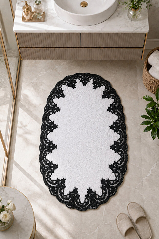 Lace-Up Non-Slip Leather-Based Oval Bath Mat Lace-Up Washable Bath Set Piera