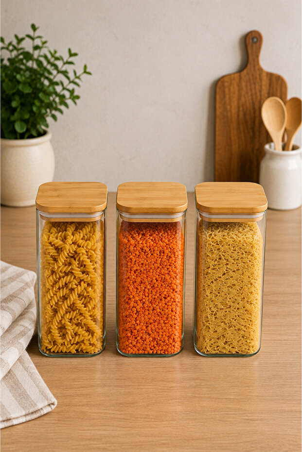3-Piece 1150 ml Square Borosilicate Glass Storage Jar – Vacuum Bamboo Lid – 8 × 23 cm - 8457-2
