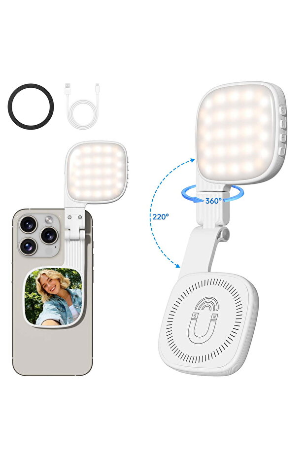 Portable selfie light with mirror, 1000mAh rechargeable battery, 48 LED beads, 3 modes, 10 brightness levels, for live streaming (white).