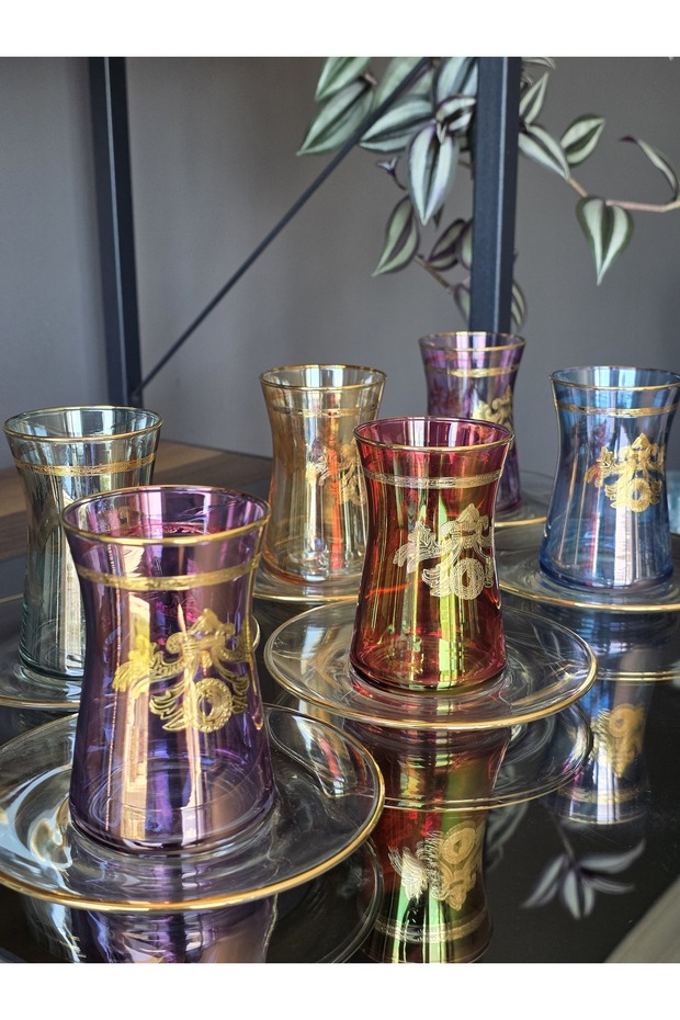 Handmade Crystal Li̇loya Mixed Lustered 24K Gold Embellished 12 Piece Presentation Tea Set