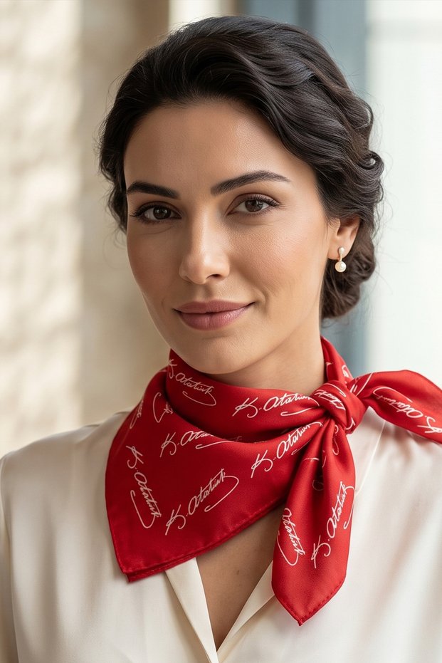 White on Red Mustafa Kemal Atatürk Signature Women's Scarf Bandana Accessory 65 X 65 cm