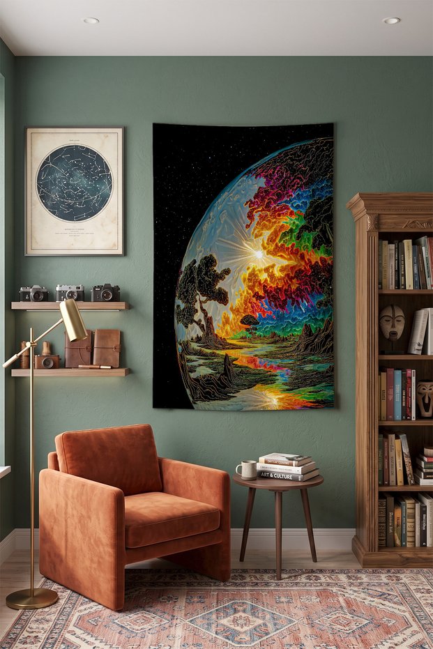Psychedelic Planet and Nature Scenery Wall Covering – Modern Decorative Quality Fabric Tapestry Wall Tapestry