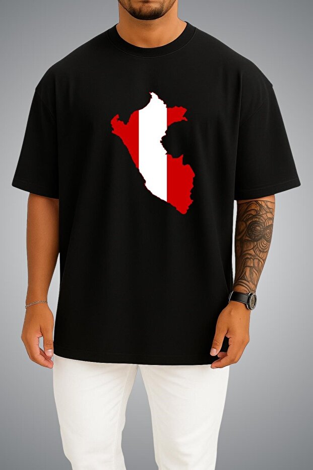 Oversize Peru Flag and Map Chest Printed Unisex T-Shirt