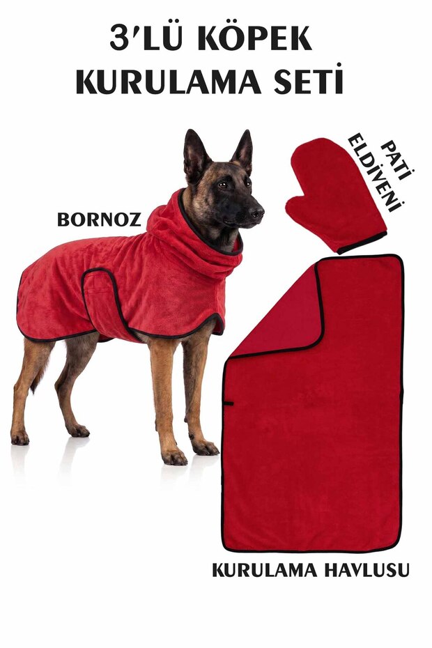 3-Piece Dog Drying Set Bathrobe-Towel-Paw Gloves Super Water Absorbent Summer-Winter Set Bordo